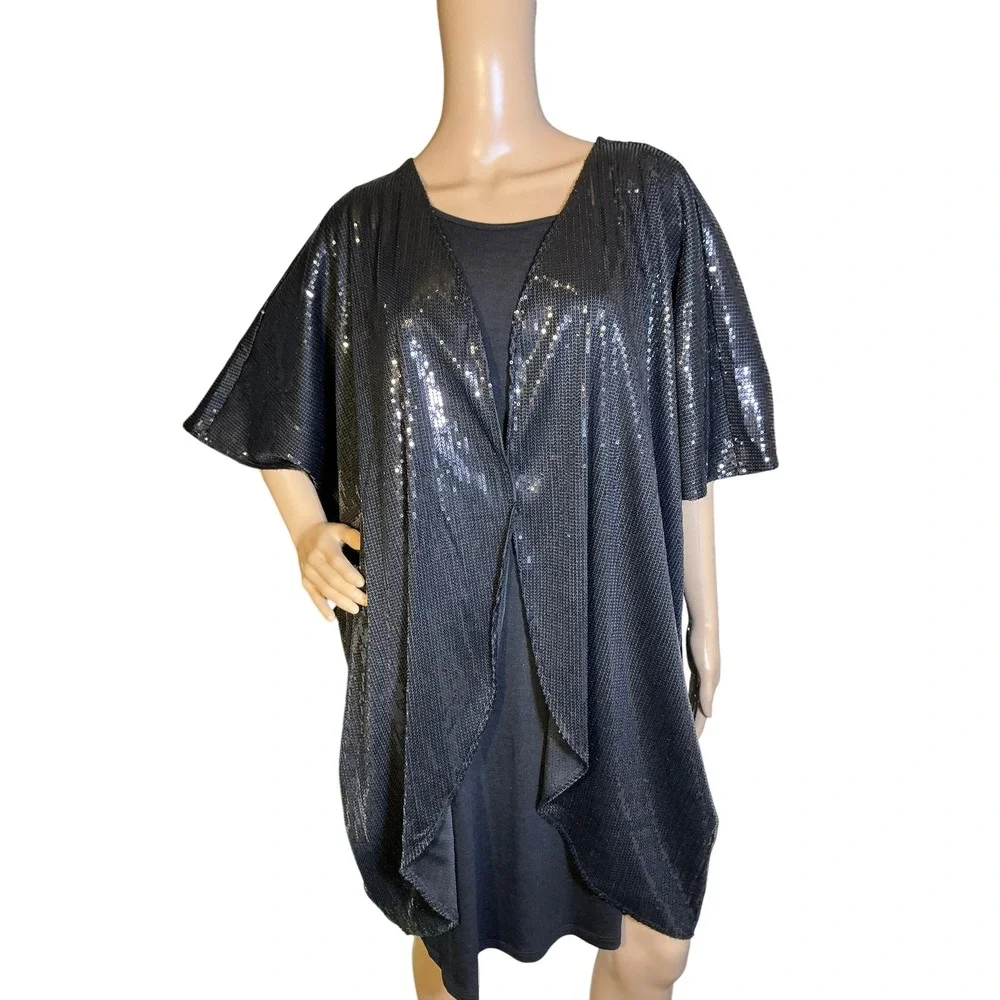 Women's Sequin‎ Kimono Cardigan Black Open Front Short Sleeve Elegant Glam XL